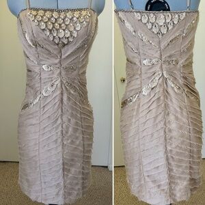 Sue Wong Tan Pleated Ruched Cocktail Dress